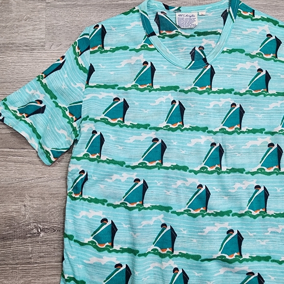 70s 80s VINTAGE Made in Korea Cruise Ship Boat Water Pattern T Shirt Top Large - Picture 2 of 12